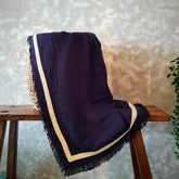 Navy Cotton Linen Throw with White Hem | 145×200cm Soft & Breathable Blanket for Sofa, Bed, and Travel